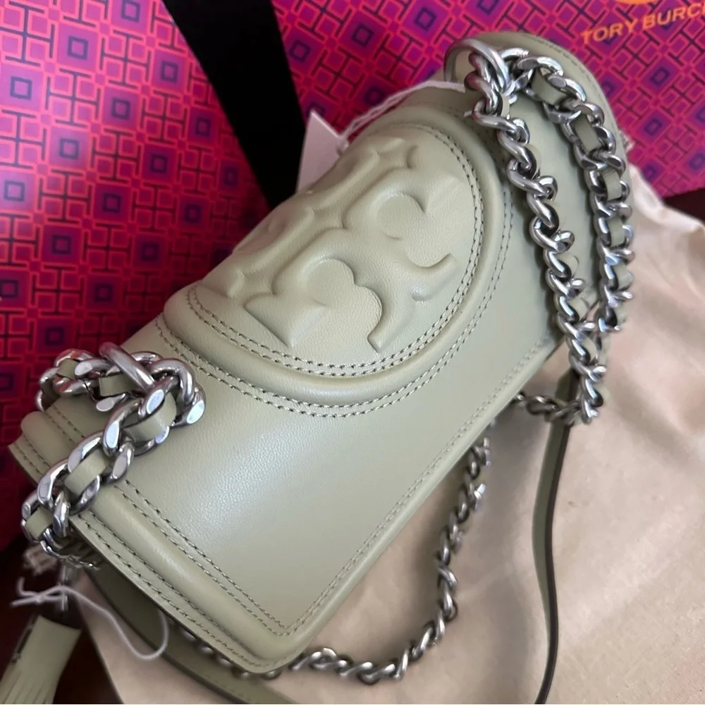 Tory Burch Olive Green Quilted Leather Shoulder Bag with Chain Strap